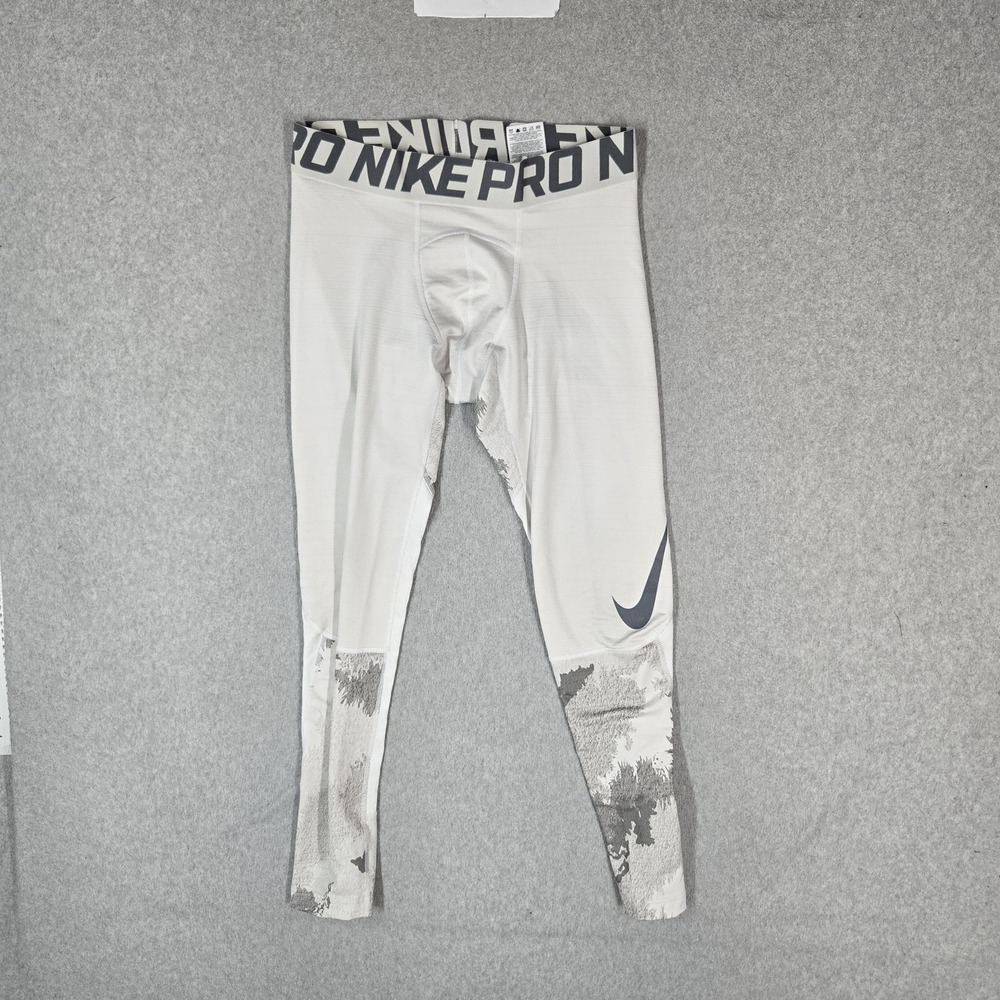 Nike Pro Men Activewear Pants L White Base Layer Hyperwarm Camouflage Swoosh